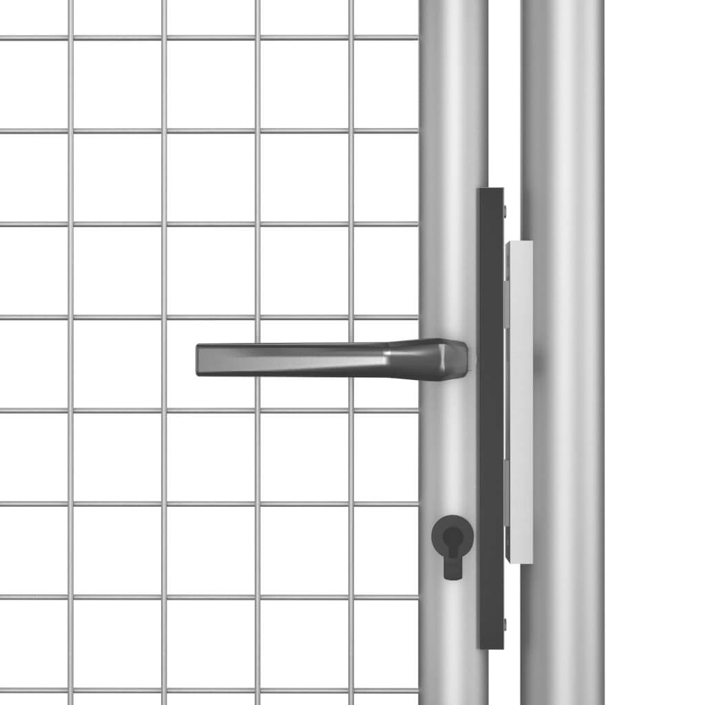 Close-up of a galvanized steel garden gate handle and lock mechanism featuring a grid design for enhanced security.