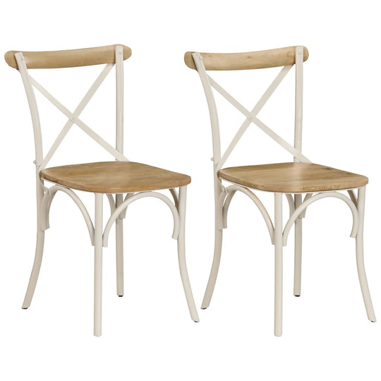 Set of 2 antique-style white dining chairs made of solid mango wood with steel frames, ideal for dining rooms or outdoor furniture.