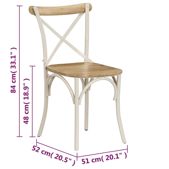 Cross-style dining chair dimensions: 84cm height, 48cm seat height, 52cm width, solid mango wood and steel frame. Perfect for classic decor.