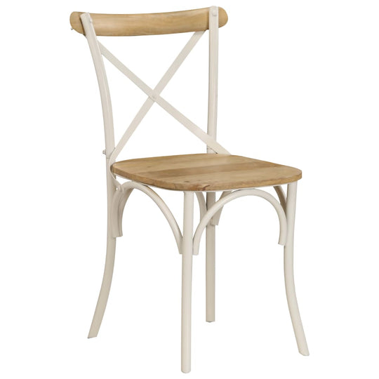 Antique-style white solid mango wood dining chair with a sturdy steel frame, perfect for stylish outdoor furniture.