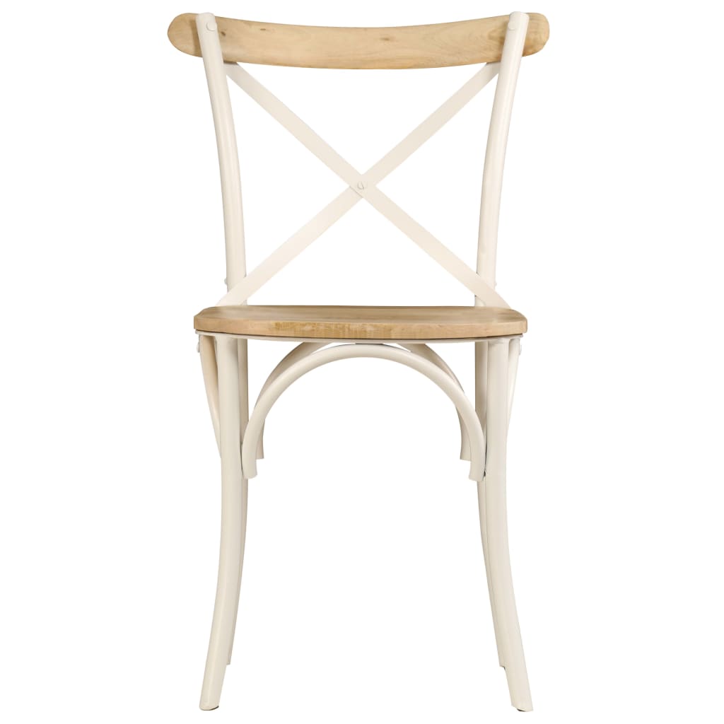 Antique-style white solid mango wood dining chair with steel frame and cross back design. Ideal for dining rooms and outdoor furniture.