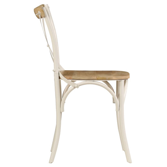 Antique-style white solid mango wood chair with a stable steel frame, ideal for dining or outdoor furniture.