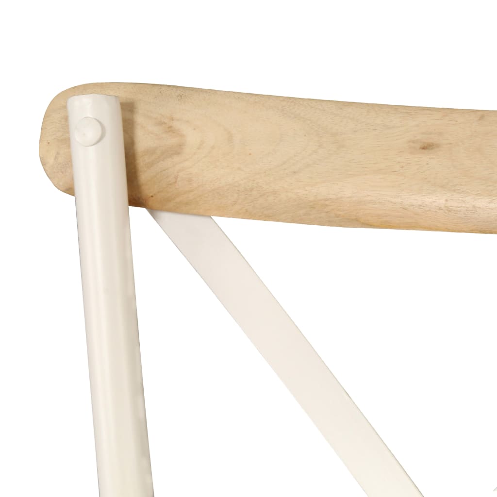 Close-up of the white steel frame and natural mango wood of a Cross Chair, showcasing its sturdy and stylish design.