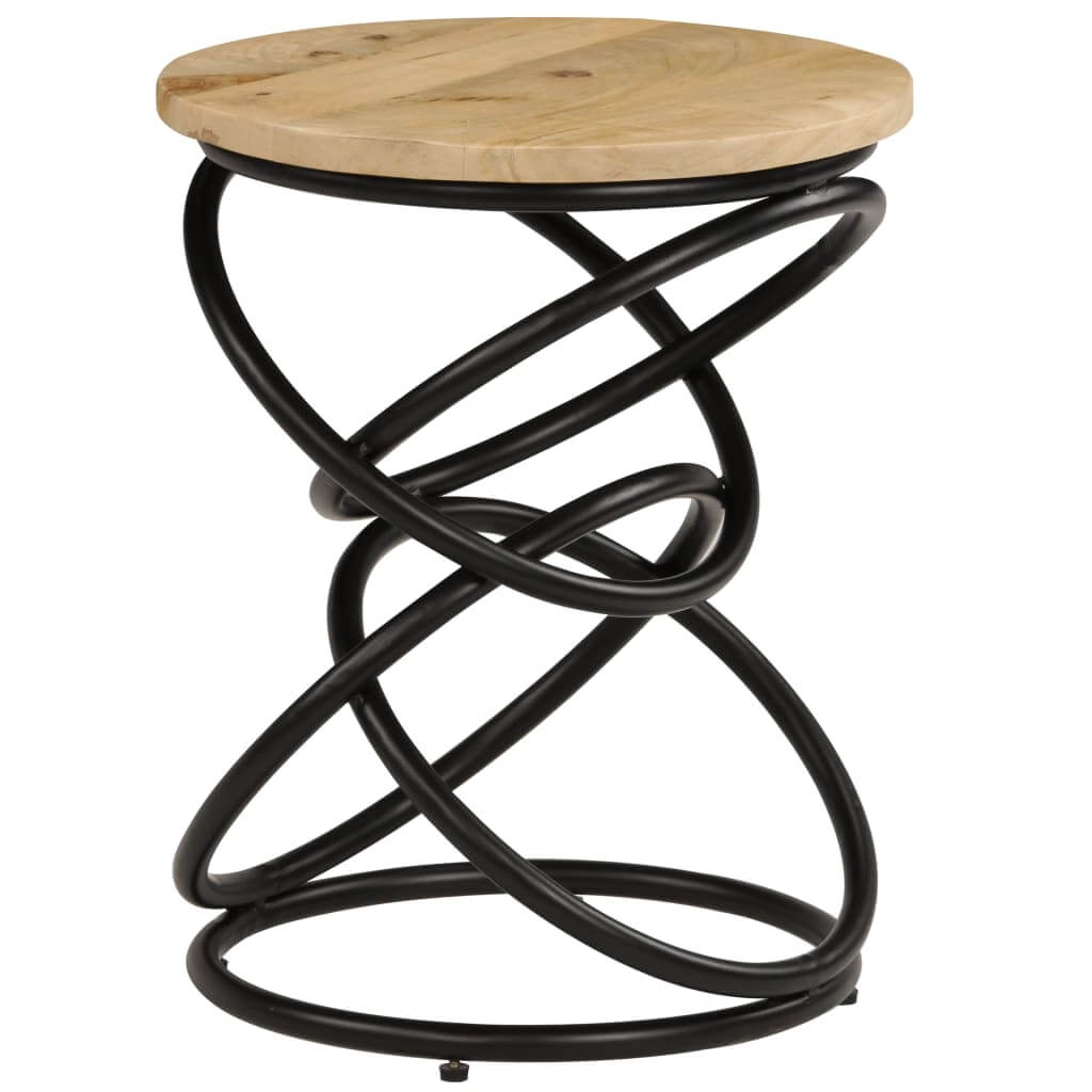 Antique-style end table with solid mango wood top and unique spiral black iron frame, suitable for lounge and outdoor furniture.