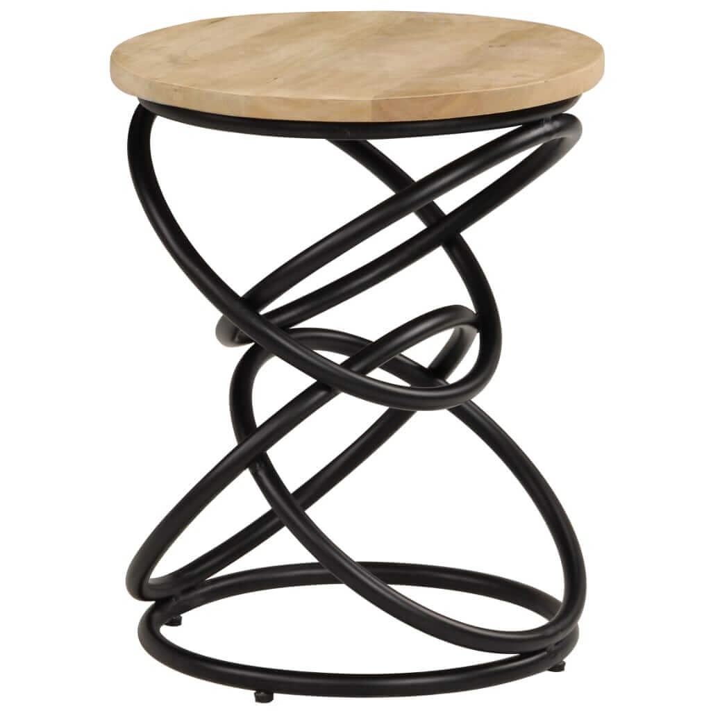 Antique-style end table with solid mango wood top and black iron spiral base, perfect for living room or outdoor use.