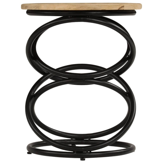 Solid mango wood end table with black iron frame, perfect for living room or outdoor lounge use. Stylish and durable design.