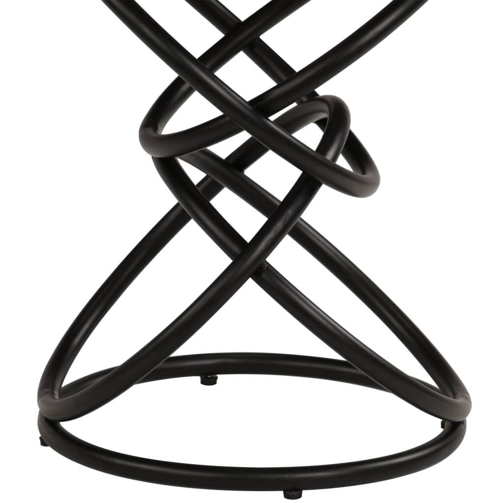 Black metal base design of a modern end table with intricate twisted curves and stable circular base.