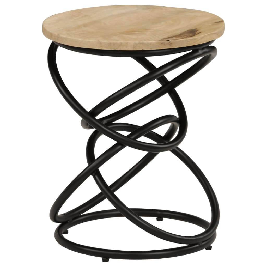 Solid mango wood end table with metal spiral base, perfect for living rooms and outdoor furniture décor.