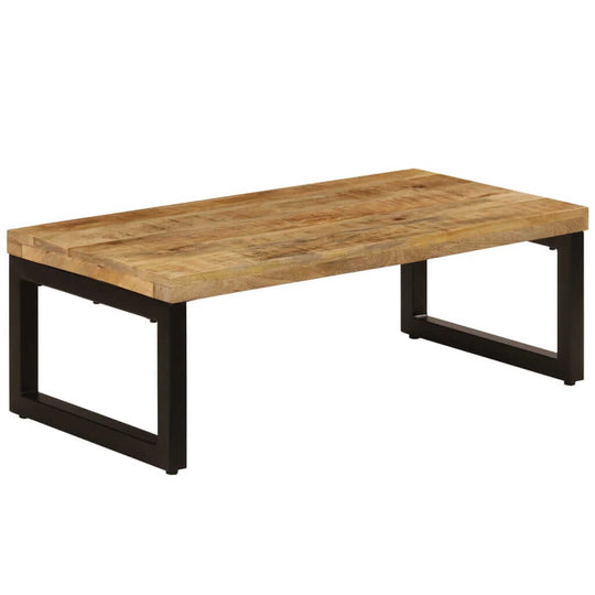 Coffee table made of solid mango wood with a steel frame, perfect for lounge or outdoor furniture settings.