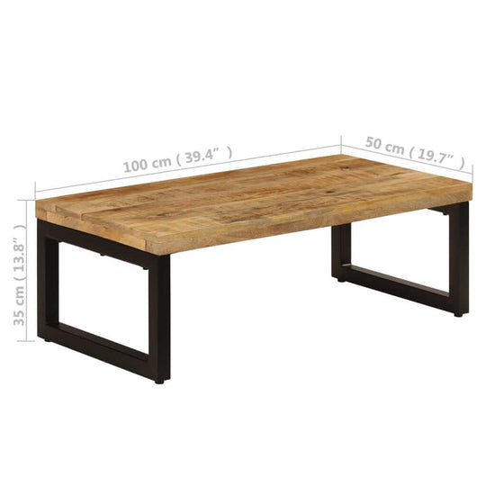 Coffee table made of solid mango wood and steel, dimensions 100x50x35 cm, perfect for lounge or dining use.