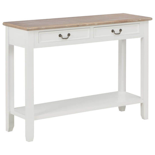 Console Table  110x35x80 cm Wood with white frame and wooden top, featuring two drawers and a bottom shelf.