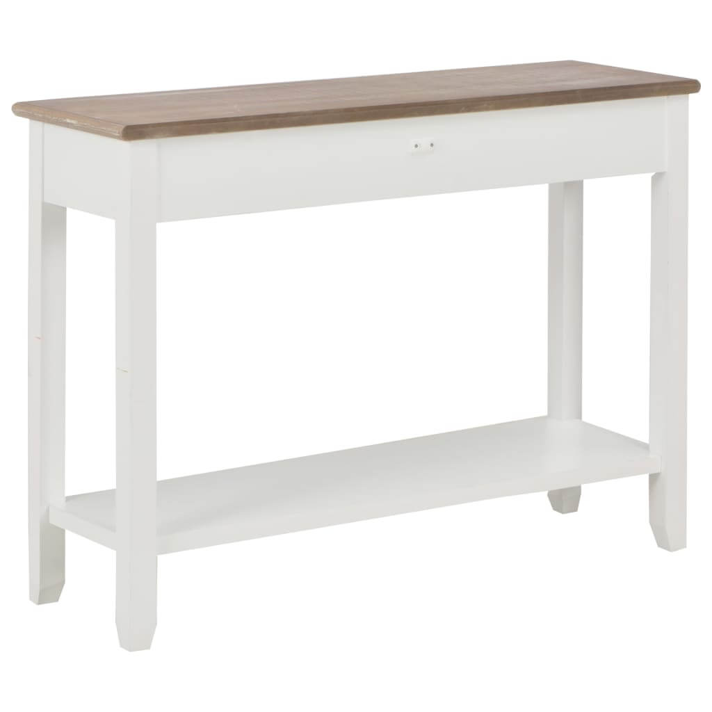 Console Table 110x35x80 cm Wood with white legs and wood top, featuring a drawer and lower shelf.