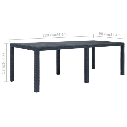 Garden table in anthracite, 220x90x72 cm, made of durable plastic with rattan look, ideal for outdoor dining and lounging.