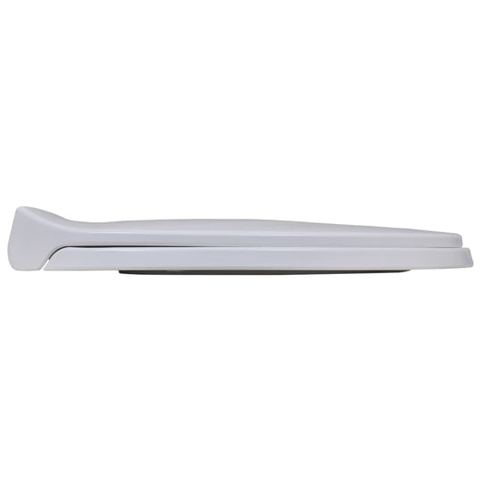 Side view of a plastic white toilet seat with soft close lid suitable for standard toilet bowls, showcasing sleek design.