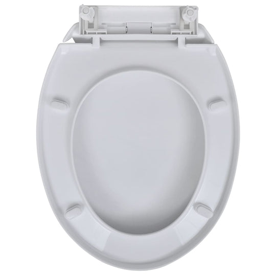 White plastic toilet seat with soft close feature, suitable for standard toilet bowls, easy to clean and assemble.