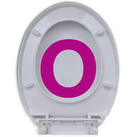 White toilet seat with soft close lid featuring a large purple letter O design. Ideal for modern bathrooms.