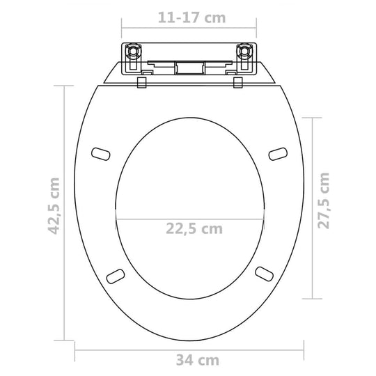 Technical drawing of a white plastic toilet seat with dimensions for installation and fit.