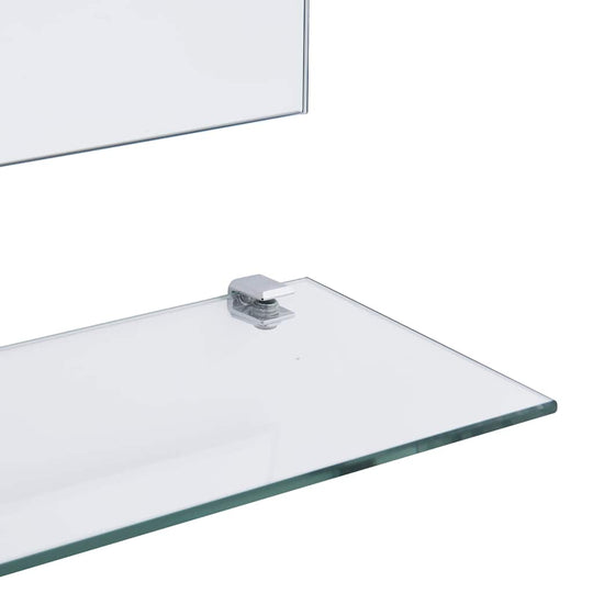 Close-up of tempered glass shelf with chrome bracket, designed for wall mirror storage and display purposes.