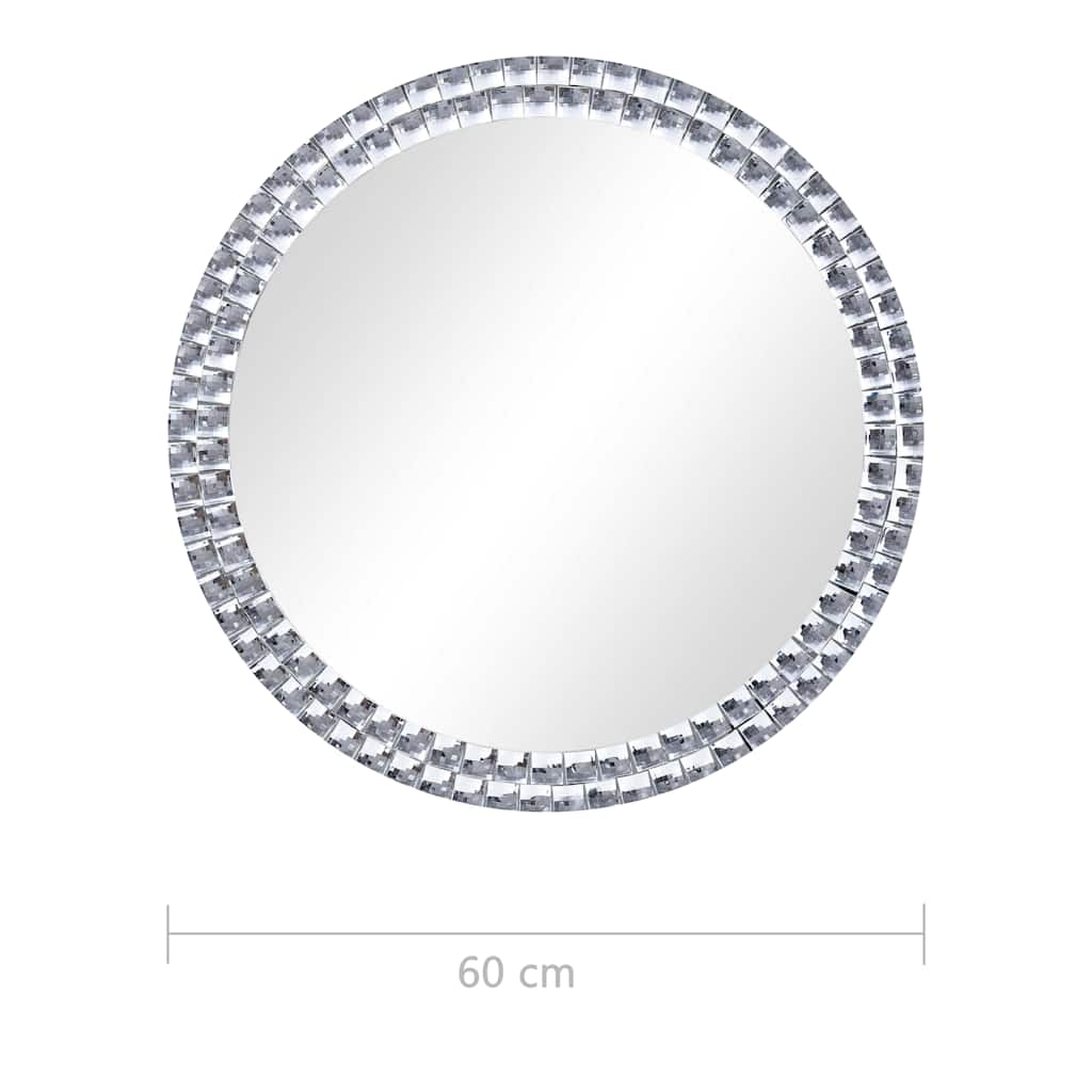 Round wall mirror 60 cm with acrylic crystal rim, perfect for bathroom or living room decor, made of durable tempered glass.