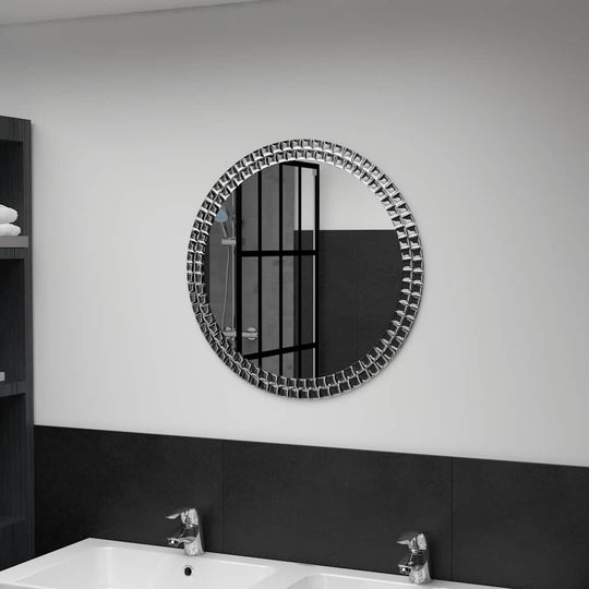 Round wall mirror with acrylic crystal rim, perfect for modern bathroom decor and enhancing furniture aesthetics.