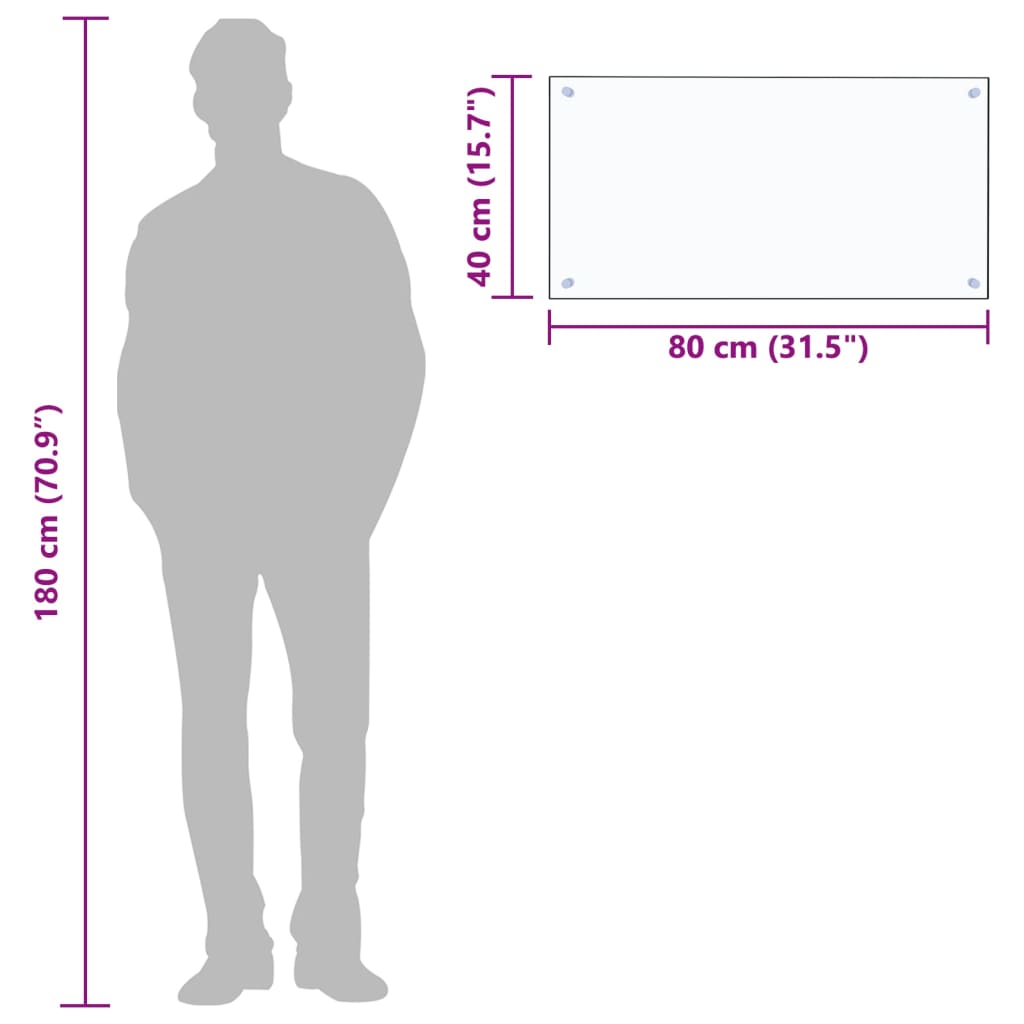 Dimensions of transparent tempered glass kitchen backsplash, 80 x 40 cm, with height reference silhouette.