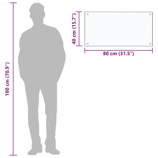 Dimensions of transparent tempered glass kitchen backsplash, 80 x 40 cm, with height reference silhouette.