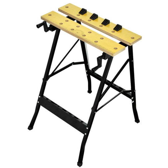 Foldable workbench with adjustable surface, ideal for precise cutting and outdoor furniture tasks.