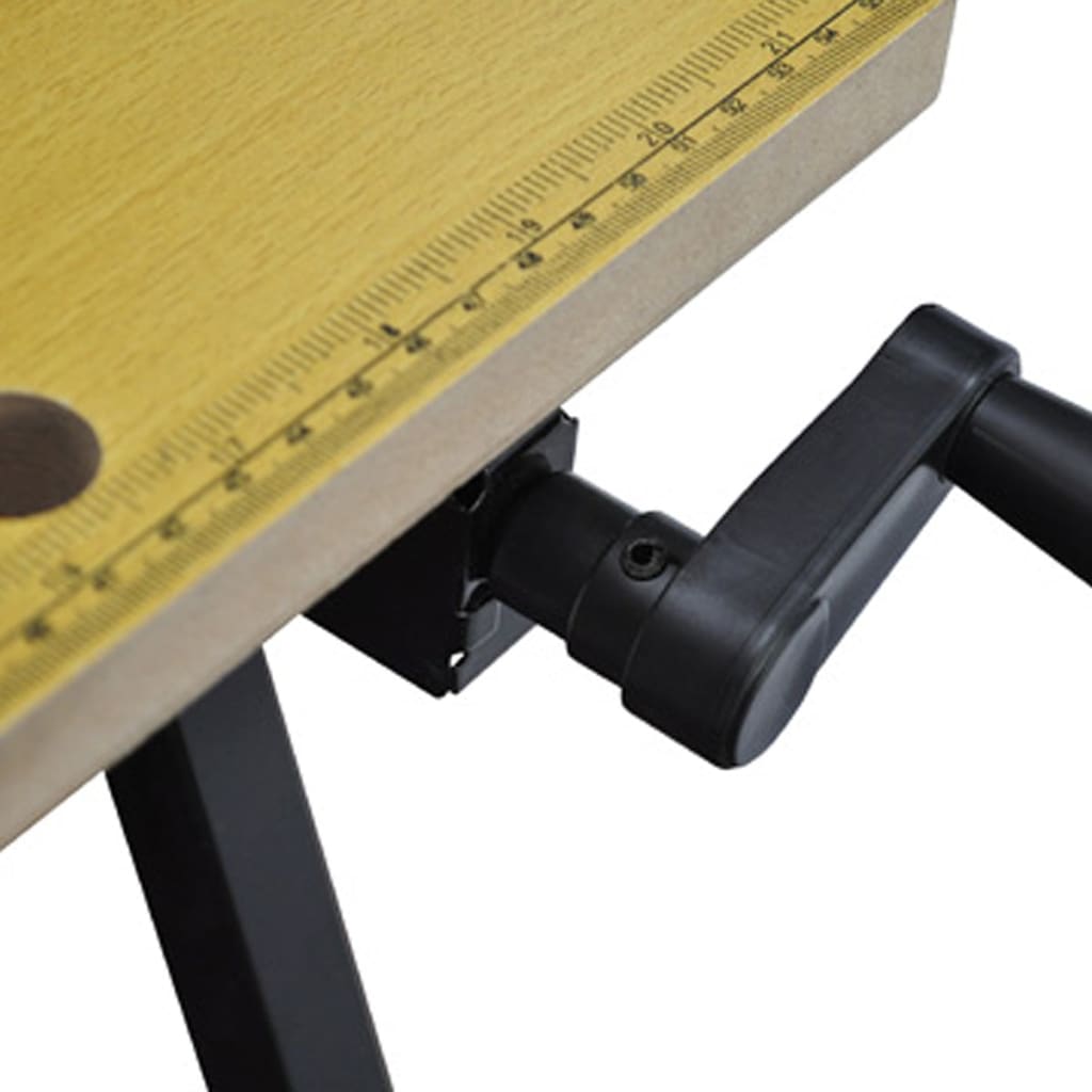 Close-up of foldable workbench with adjustable lever and ruler for precise measurements in woodworking and crafting.