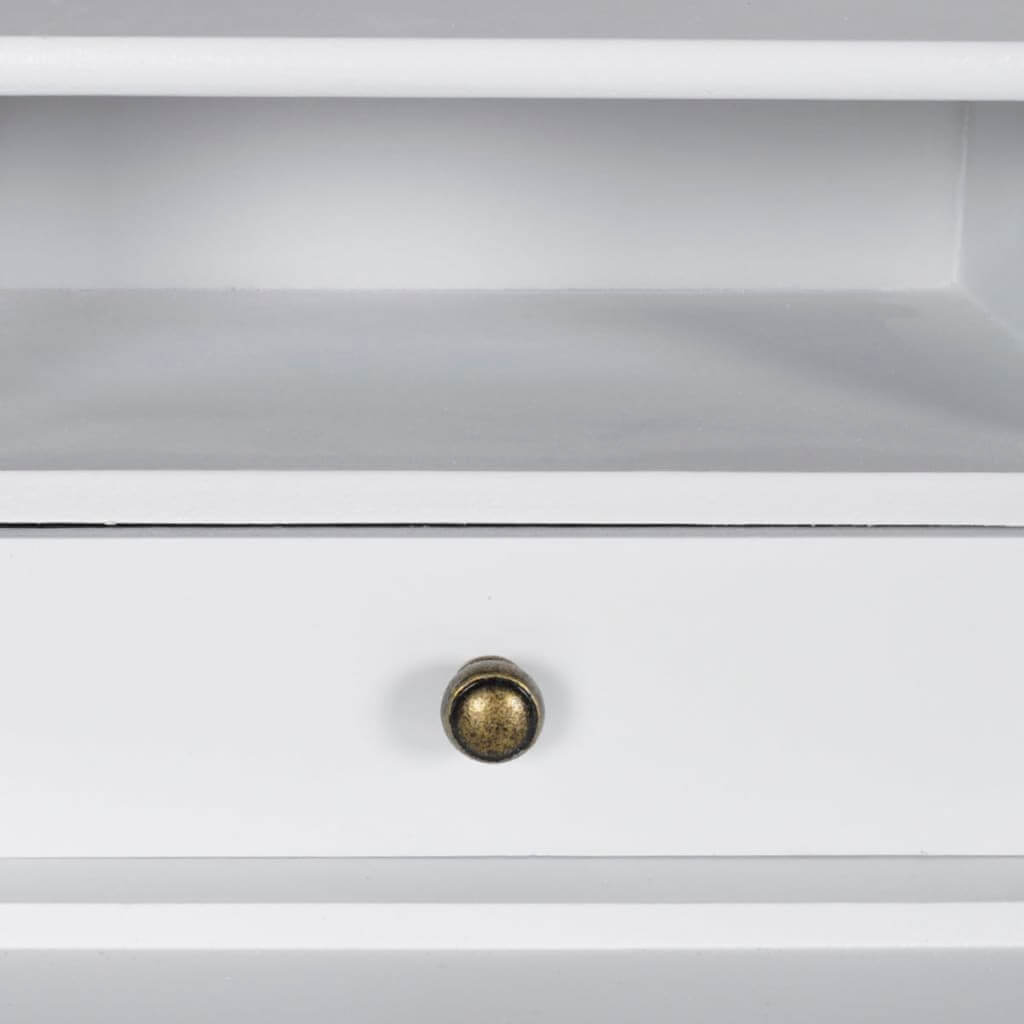 Close-up of a modern white vanity makeup table drawer with a stylish brass knob for easy access and organization.