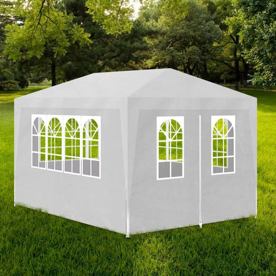 Party tent 3x4 m in white, with windows, set up in a green outdoor area, perfect for gatherings and events.