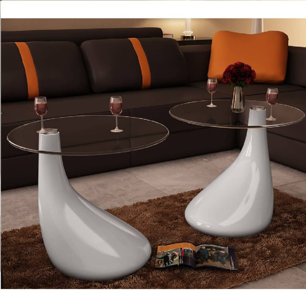 Coffee Table 2 pcs with Round Glass Top High Gloss , Furniture -> Tables -> Accent Tables -> Coffee Tables