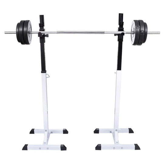 Adjustable squat barbell rack set with weight, designed for home gym use and barbell training. Ideal stability and load capacity.