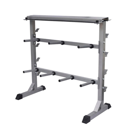 Heavy-duty dumbbell barbell rack with two shelves for organized home gym, made of durable steel for stability and long-lasting use.