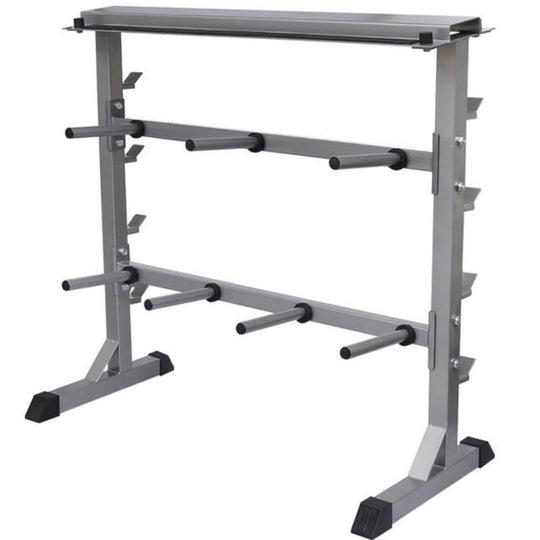 Heavy-duty dumbbell barbell rack with multiple storage shelves for organizing weights in a home gym.