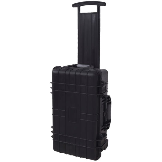 Wheel-equipped black tool case with extended handle for easy transport and durable protection for equipment.