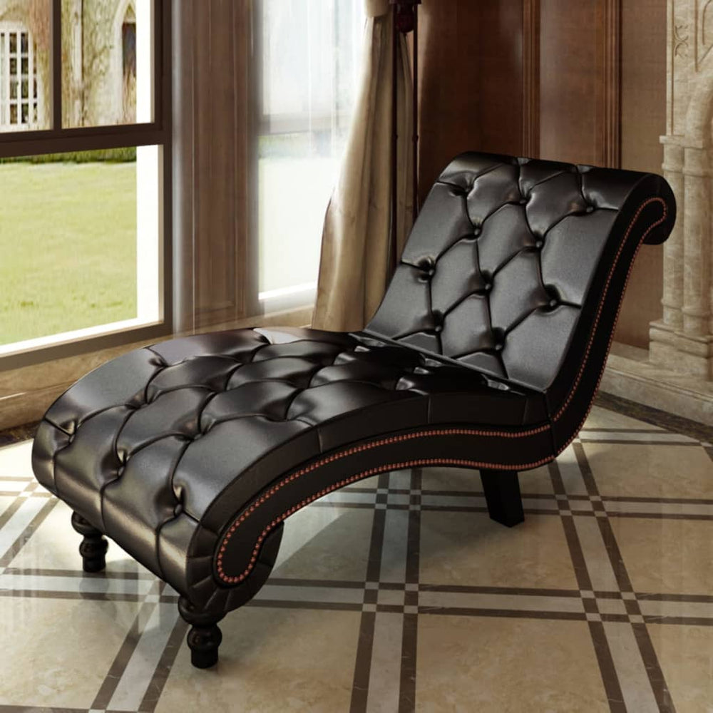 Elegant chaise longue in faux leather with button-tufted design and ergonomic detailing, perfect for patio or home furniture settings.