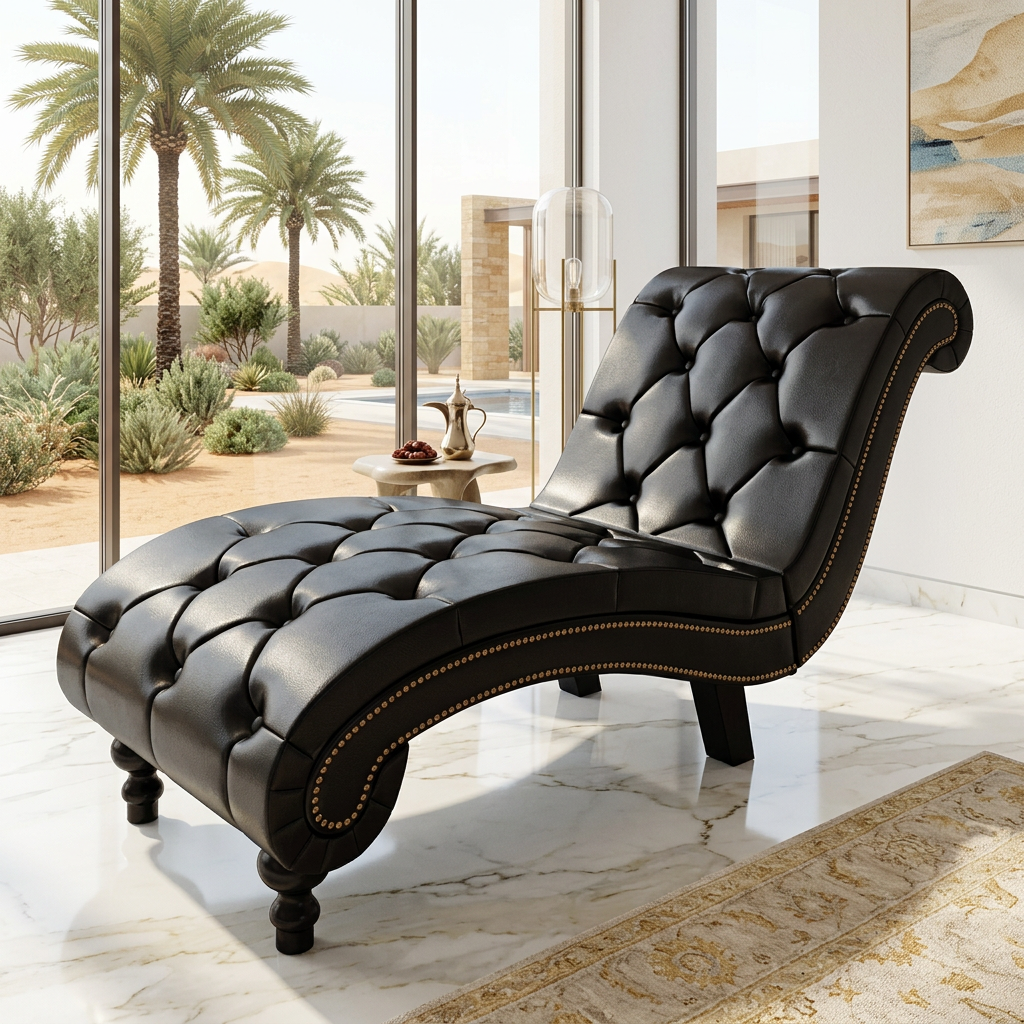  Elegant chaise longue in faux leather with button-tufted design and ergonomic detailing, perfect for patio or home furniture settings.
