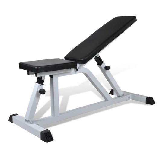 Adjustable fitness workout bench with a black seat and backrest for home exercise, featuring sturdy metal frame.