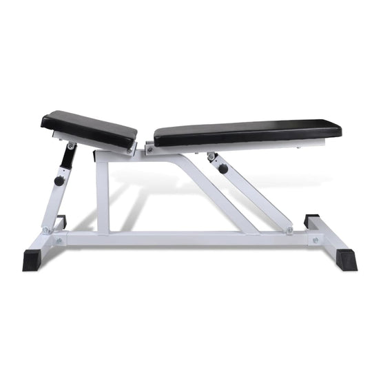 Adjustable multi-functional fitness workout bench with black padded seats and sturdy white frame, ideal for home workouts.