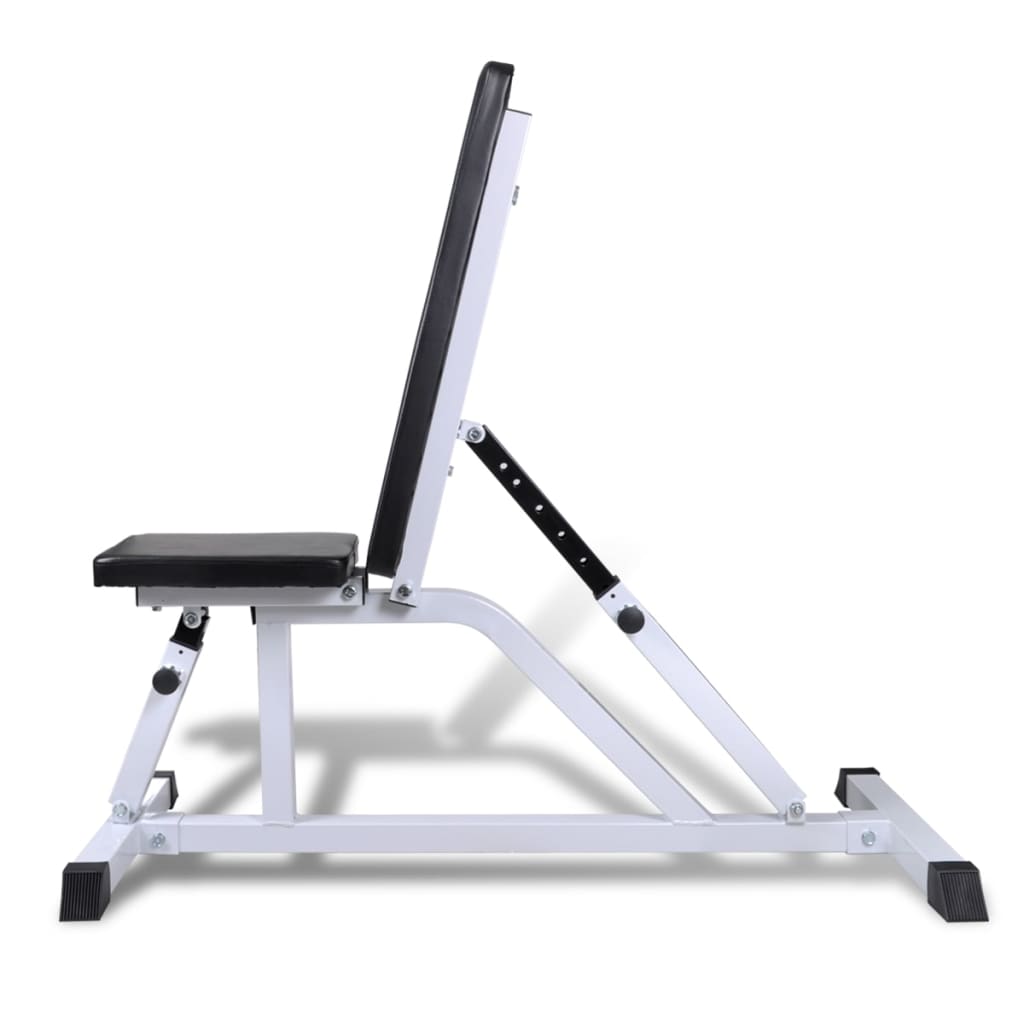 Side view of an adjustable fitness workout bench with a black seat and backrest, showcasing its sturdy design.