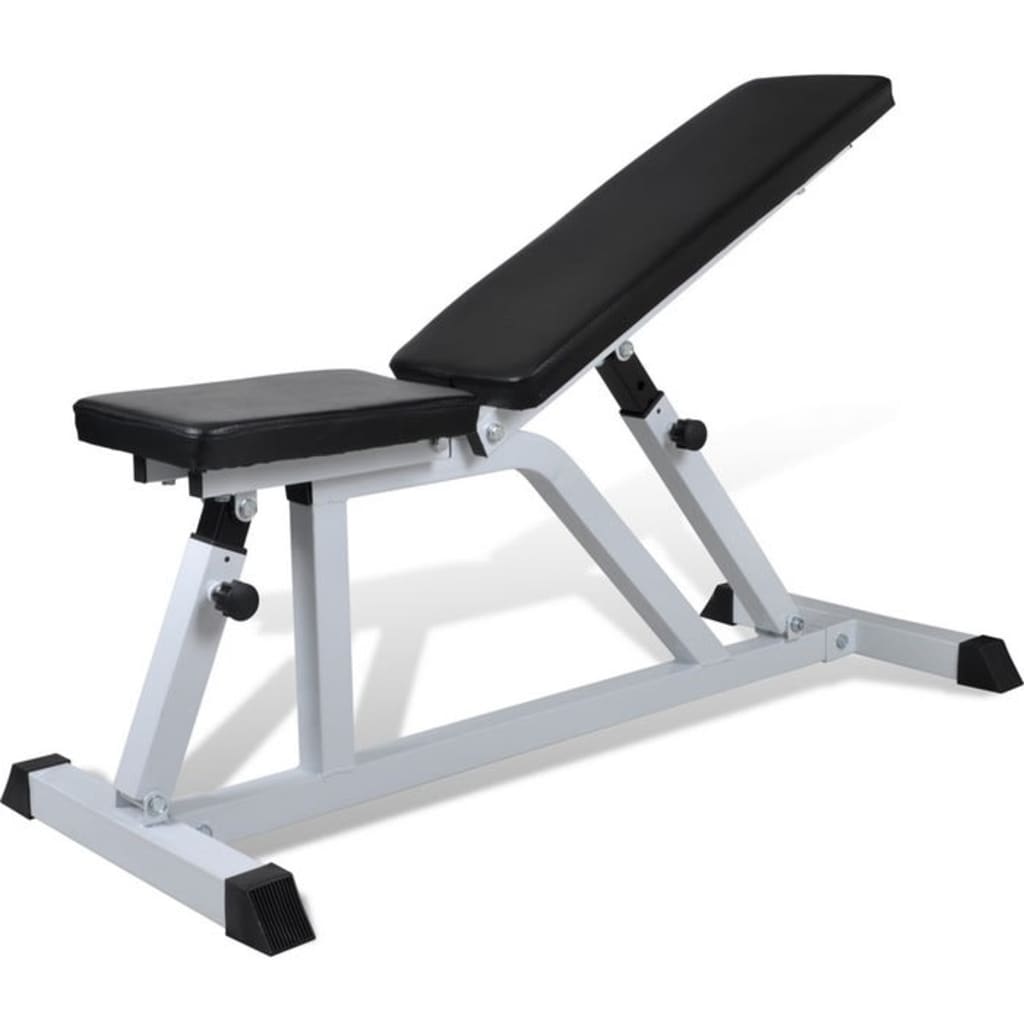 Adjustable fitness workout bench with a black padded seat and backrest for home exercise. Perfect for strength training.