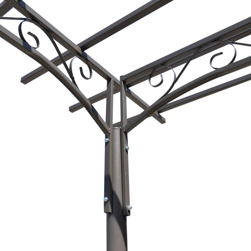 Detailed view of the steel structure of a rose arch garden arbor with elegant design elements for outdoor decoration.