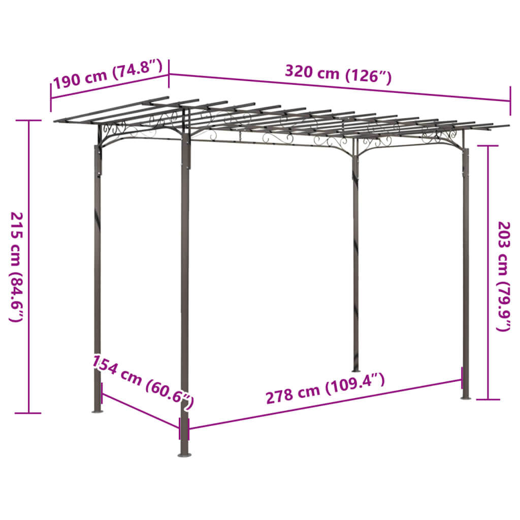 Rose arch garden arbor dimensions, weather-resistant steel structure for outdoor decoration and climbing plants.