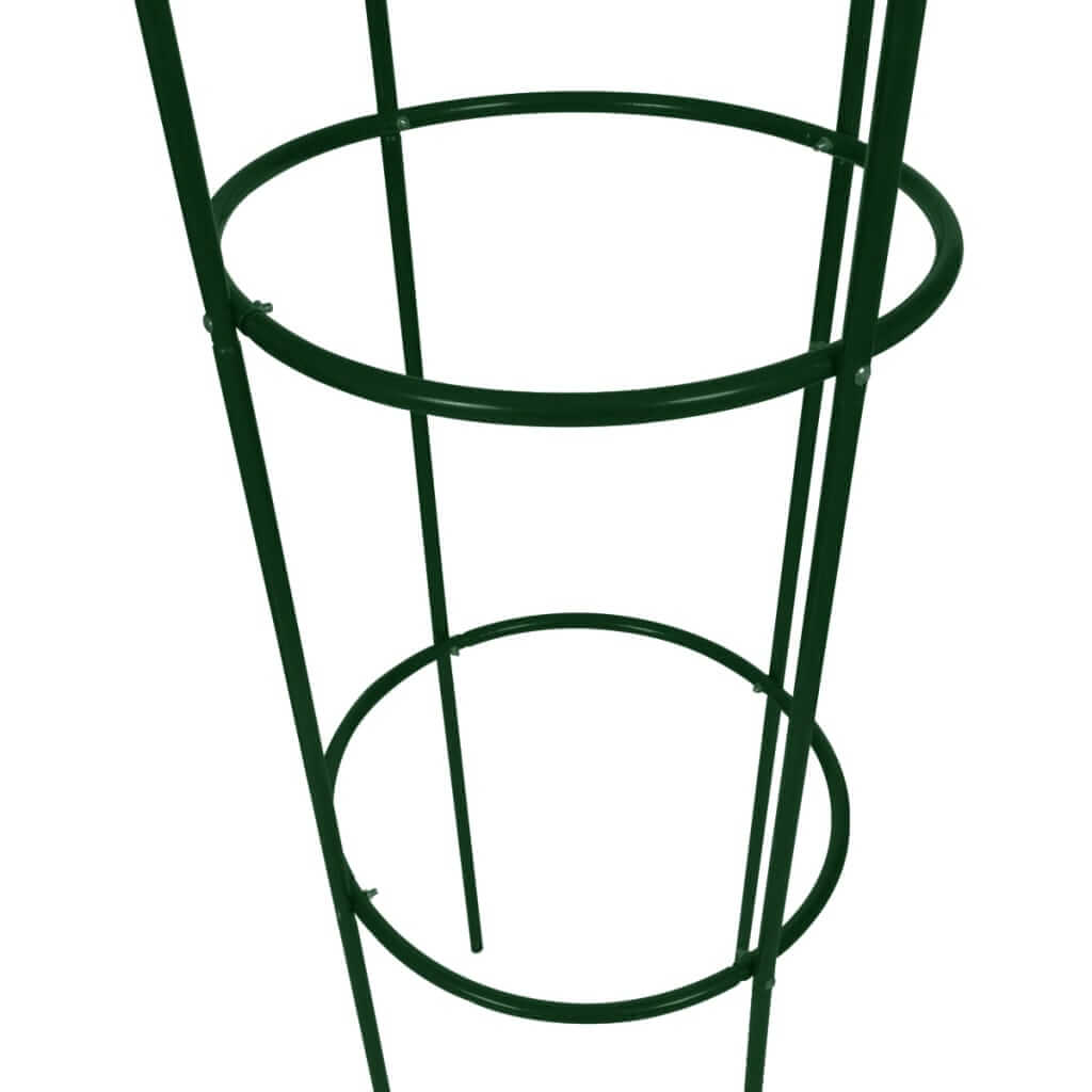 Green iron garden arch tower for climbing plants, featuring two circular supports for decorative gardening.