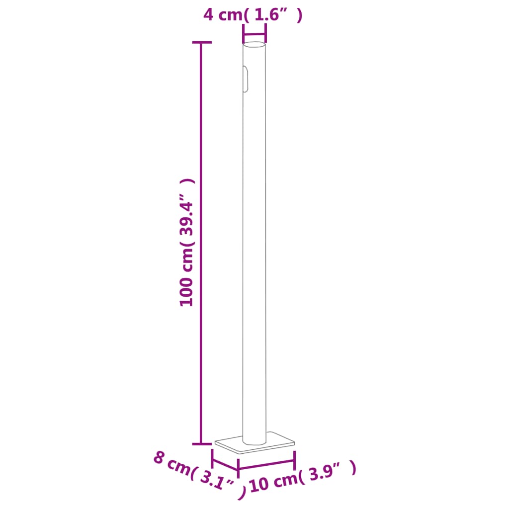 Dimensions diagram of vertical wooden pole for retractable patio awning with measurements in centimeters and inches