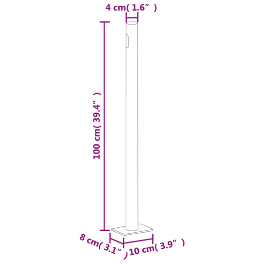 Dimensions diagram of vertical wooden pole for retractable patio awning with measurements in centimeters and inches