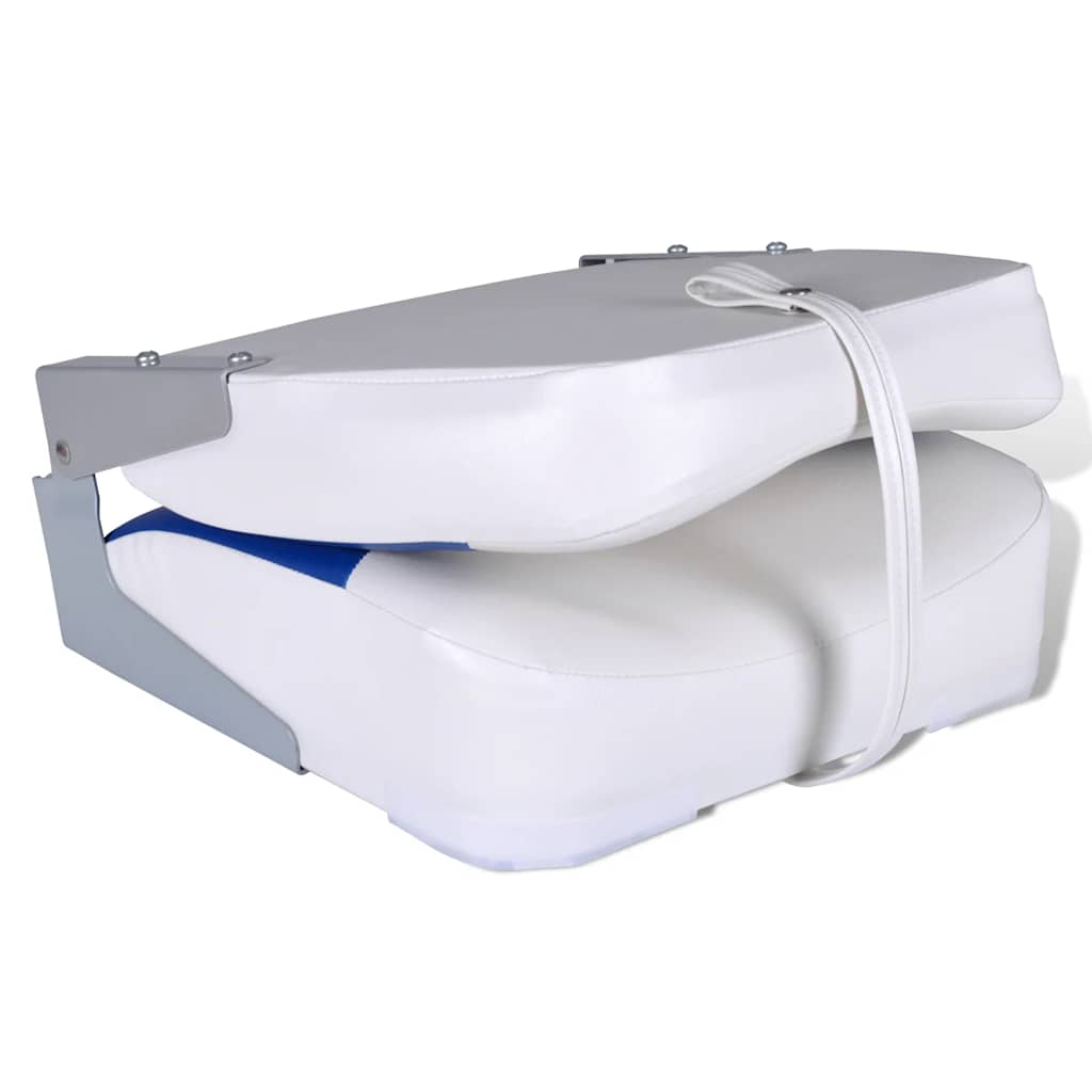 Foldable boat seat with blue-white padding, designed for comfort and easy storage, perfect for fishing or sunbathing.