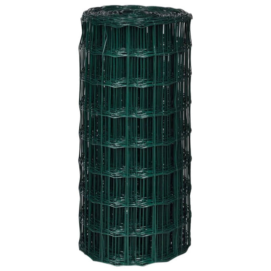 Euro fence roll in green, made of coated steel wire, ideal for outdoor protection and decoration in gardens and farms.