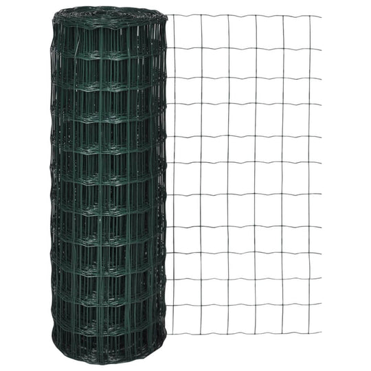 Euro Fence Steel roll in green with a grid pattern, ideal for gardens, poultry protection, and outdoor fencing.