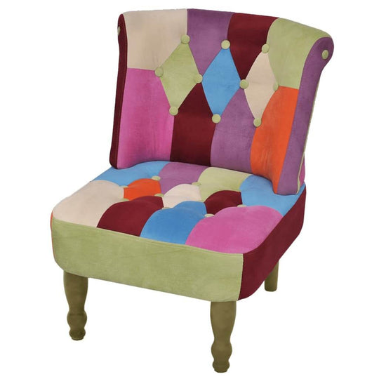 French chair with colorful patchwork design, ideal for adding vibrant decor to any interior space.